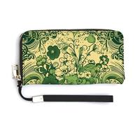 BTCOWZRV Green Pattern PU Leather Clutch Wallet for Women, Large Capacity Wristlet Wallet with Zip & Removable Hand Strap