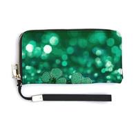 BTCOWZRV Green Sparkly Spring PU Leather Clutch Wallet for Women, Large Capacity Wristlet Wallet with Zip & Removable Hand Strap