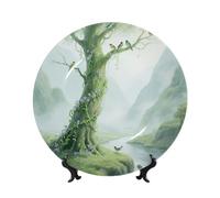 BTCOWZRV Green Tree of Life Bone China Decorative Plate,7in Ceramic Decorative Plates with Display Stand,Ceramic Ornaments Art Porcelain Plate for Home Office Wall Decor Collections Plates