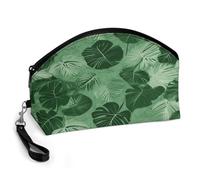 BTCOWZRV Green Tropical Leaves Curved Makeup Bag, Large Capacity PU Leather Cosmetic Bag, Portable Zipper Toiletry Bags for Women