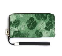BTCOWZRV Green Tropical Leaves PU Leather Clutch Wallet for Women, Large Capacity Wristlet Wallet with Zip & Removable Hand Strap