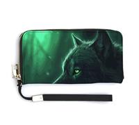 BTCOWZRV Green Wolf PU Leather Clutch Wallet for Women, Large Capacity Wristlet Wallet with Zip & Removable Hand Strap