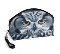 BTCOWZRV Grey And White Owl Curved Makeup Bag, Large Capacity PU Leather Cosmetic Bag, Portable Zipper Toiletry Bags for Women