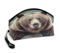 BTCOWZRV Grizzly Bear Curved Makeup Bag, Large Capacity PU Leather Cosmetic Bag, Portable Zipper Toiletry Bags for Women