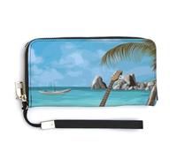 BTCOWZRV Guitar on The Beach PU Leather Clutch Wallet for Women, Large Capacity Wristlet Wallet with Zip & Removable Hand Strap
