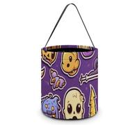 BTCOWZRV Halloween Candy Buckets Purple Cartoon Style Halloween Trick Or Treat Candy Bags with Handle Halloween Tote Bag Collapsible Reusable Candy Basket Goodie Bags for Party Supplies Favors, White,
