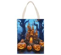 BTCOWZRV Halloween Castle Pumpkin Canvas Tote Bag, Reusable Grocery Bags with Long Handles, Easy to Carry for Gift Shopping Work