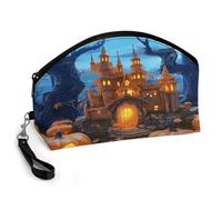 BTCOWZRV Halloween Castle Pumpkin Curved Makeup Bag, Large Capacity PU Leather Cosmetic Bag, Portable Zipper Toiletry Bags for Women