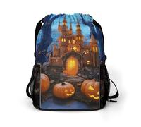BTCOWZRV Halloween Castle Pumpkin Drawstring Backpack, Sports Gym Bag with Bottom Pocket And Mesh Pockets, String Bag for Men Women