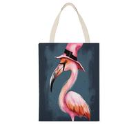 BTCOWZRV Halloween Flamingo Witch Hat Canvas Tote Bag, Reusable Grocery Bags with Long Handles, Easy to Carry for Gift Shopping Work