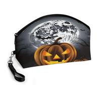 BTCOWZRV Halloween Moon Bat Pumpkin Curved Makeup Bag, Large Capacity PU Leather Cosmetic Bag, Portable Zipper Toiletry Bags for Women