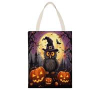BTCOWZRV Halloween Owl Ghost Pumpkin Canvas Tote Bag, Reusable Grocery Bags with Long Handles, Easy to Carry for Gift Shopping Work