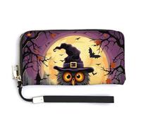 BTCOWZRV Halloween Owl Ghost Pumpkin PU Leather Clutch Wallet for Women, Large Capacity Wristlet Wallet with Zip & Removable Hand Strap