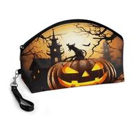 BTCOWZRV Halloween Pumpkin Curved Makeup Bag, Large Capacity PU Leather Cosmetic Bag, Portable Zipper Toiletry Bags for Women