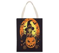 BTCOWZRV Halloween Pumpkin Witch Canvas Tote Bag, Reusable Grocery Bags with Long Handles, Easy to Carry for Gift Shopping Work