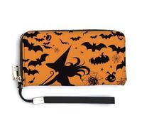 BTCOWZRV Halloween Witch Flying PU Leather Clutch Wallet for Women, Large Capacity Wristlet Wallet with Zip & Removable Hand Strap