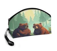 BTCOWZRV Hand Drawn Bear Curved Makeup Bag, Large Capacity PU Leather Cosmetic Bag, Portable Zipper Toiletry Bags for Women