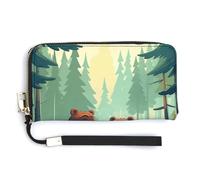 BTCOWZRV Hand Drawn Bear PU Leather Clutch Wallet for Women, Large Capacity Wristlet Wallet with Zip & Removable Hand Strap