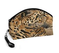 BTCOWZRV Hand Drawn Leopard Curved Makeup Bag, Large Capacity PU Leather Cosmetic Bag, Portable Zipper Toiletry Bags for Women