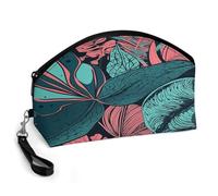 BTCOWZRV Hand Drawn Tropical Leaves Curved Makeup Bag, Large Capacity PU Leather Cosmetic Bag, Portable Zipper Toiletry Bags for Women