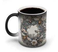 BTCOWZRV Hand Drawn Wreath And Bee Color Changing 11.83 Oz Ceramic Coffee Mug, Heat Sensitive Mug with Handle, Tea Cup for Home Office Party