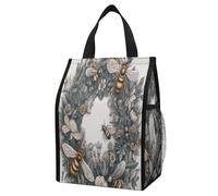 BTCOWZRV Hand Drawn Wreath And Bee Insulated Foldable Lunch Bag, Reusable Lunch Box, Leakproof Cooler Bag for Work Travel Picnic Hiking