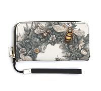 BTCOWZRV Hand Drawn Wreath And Bee PU Leather Clutch Wallet for Women, Large Capacity Wristlet Wallet with Zip & Removable Hand Strap
