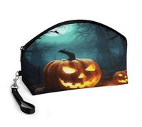 BTCOWZRV Happy Halloween Pumpkins Curved Makeup Bag, Large Capacity PU Leather Cosmetic Bag, Portable Zipper Toiletry Bags for Women