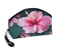 BTCOWZRV Hawaii Pink Flower Curved Makeup Bag, Large Capacity PU Leather Cosmetic Bag, Portable Zipper Toiletry Bags for Women