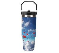 BTCOWZRV Hearts in The Sky Flip Straw Insulated Tumbler with Handle 30oz | Stainless Steel Water Bottle Double Wall Vacuum Travel Coffee Mug Leakproof Reusable Car Cup for Cold Drink Gym Office Travel