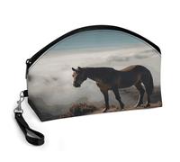 BTCOWZRV Horse on A Misty Mountaintop Curved Makeup Bag, Large Capacity PU Leather Cosmetic Bag, Portable Zipper Toiletry Bags for Women