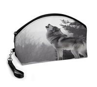 BTCOWZRV Howling Wolf Curved Makeup Bag, Large Capacity PU Leather Cosmetic Bag, Portable Zipper Toiletry Bags for Women