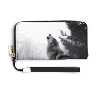 BTCOWZRV Howling Wolf PU Leather Clutch Wallet for Women, Large Capacity Wristlet Wallet with Zip & Removable Hand Strap