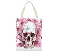 BTCOWZRV Human Skull Pink Flowers Canvas Tote Bag, Reusable Grocery Bags with Long Handles, Easy to Carry for Gift Shopping Work