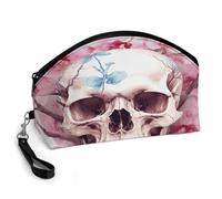 BTCOWZRV Human Skull Pink Flowers Curved Makeup Bag, Large Capacity PU Leather Cosmetic Bag, Portable Zipper Toiletry Bags for Women