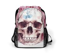 BTCOWZRV Human Skull Pink Flowers Drawstring Backpack, Sports Gym Bag with Bottom Pocket And Mesh Pockets, String Bag for Men Women