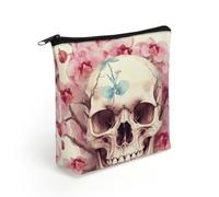 BTCOWZRV Human Skull Pink Flowers Makeup Bag Cosmetic Bags Toiletry Bag