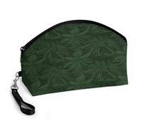 BTCOWZRV Hunter Green Floral Petals Pattern Curved Makeup Bag, Large Capacity PU Leather Cosmetic Bag, Portable Zipper Toiletry Bags for Women