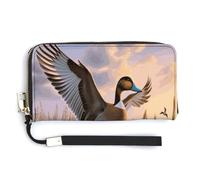 BTCOWZRV Hunting Flying Wild Ducks PU Leather Clutch Wallet for Women, Large Capacity Wristlet Wallet with Zip & Removable Hand Strap