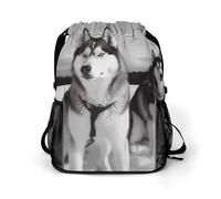 BTCOWZRV Husky Dogs Snow Drawstring Backpack, Sports Gym Bag with Bottom Pocket And Mesh Pockets, String Bag for Men Women