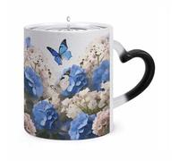 BTCOWZRV Hydrangeas Daisies Butterflies Color Changing Mug, Ceramic Cup with Handle, Heat Activated Coffee Mugs for Men Women Office Work
