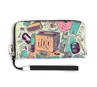 BTCOWZRV I Love The 90s Illustration PU Leather Clutch Wallet for Women, Large Capacity Wristlet Wallet with Zip & Removable Hand Strap