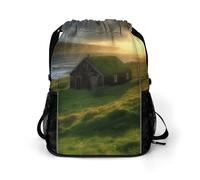BTCOWZRV Iceland Hut Grass Coast Sea Sun Rays Drawstring Backpack, Sports Gym Bag with Bottom Pocket And Mesh Pockets, String Bag for Men Women