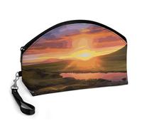 BTCOWZRV Iceland Sunset Curved Makeup Bag, Large Capacity PU Leather Cosmetic Bag, Portable Zipper Toiletry Bags for Women