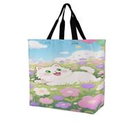 BTCOWZRV Large Reusable Grocery Bag, Foldable Lightweight One Shoulder Bag | Personalized Cute Cat Floral Tote Bag, Fashion Casual Handbag for Women Work Travel Shopping Bag & Gift
