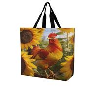 BTCOWZRV Large Reusable Grocery Bag, Foldable Lightweight One Shoulder Bag | Personalized Rooster Sunflowers Tote Bag, Fashion Casual Handbag for Women Work Travel Shopping Bag & Gift