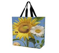 BTCOWZRV Large Reusable Grocery Bag for Women - Foldable Lightweight One Shoulder Bag, Fashion Bees Sunflowers Daisy Rose Flowers Tote Bag, Washable Casual Handbag for Work Travel Shopping Bag & Gift
