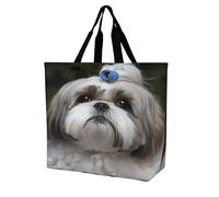 BTCOWZRV Large Reusable Grocery Bag for Women - Foldable Lightweight One Shoulder Bag, Fashion Shih Tzu Dog Tote Bag, Washable Casual Handbag for Work Travel Shopping Bag & Gift