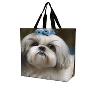 BTCOWZRV Large Reusable Grocery Bag for Women - Foldable Lightweight One Shoulder Bag, Fashion Shih Tzu Dog Tote Bag, Washable Casual Handbag for Work Travel Shopping Bag & Gift
