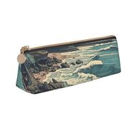 BTCOWZRV Leather Pencil Case for Women Men Illustration of Seaside Pencil Bag with Zipper Pencil Pouch Small Coin Pouch Portable Makeup Bag for Office Holiday Gift